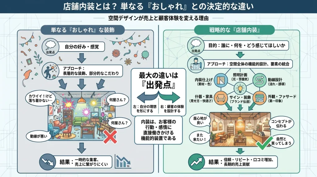 単なる「おしゃれな装飾」と戦略的な「店舗内装」の違いを比較した図解。主観的な好みによる装飾が売上に繋がりにくいのに対し、顧客体験を起点とした戦略的設計がリピートや信頼を生む仕組みを解説。