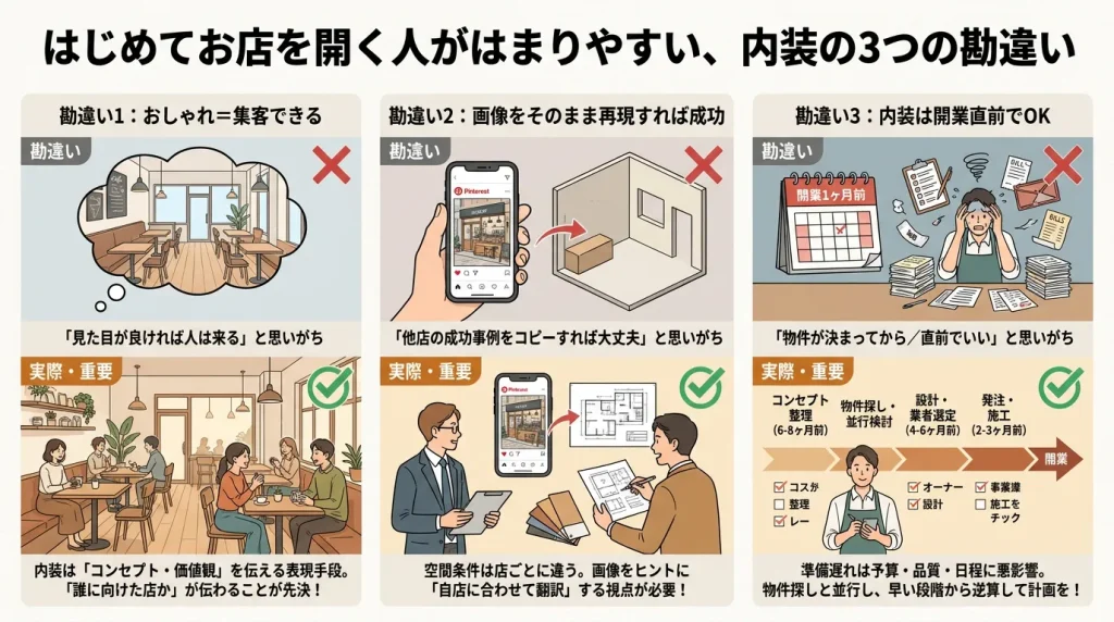 店舗開業における内装の3つの勘違い（集客・画像再現・時期）と、それに対する正しい考え方を解説した図解。コンセプト整理の重要性や、開業から逆算したスケジュール管理を提示。