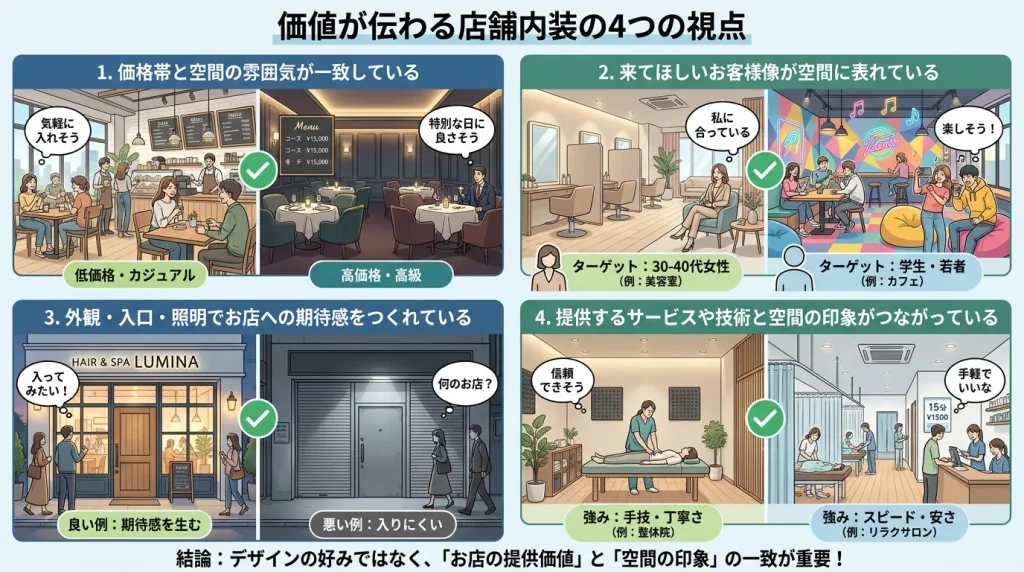 価値が伝わる店舗内装をつくる4つの視点（価格帯との一致、ターゲットの反映、外観の期待感、技術と印象の連動）を具体例とともに紹介したインフォグラフィック。