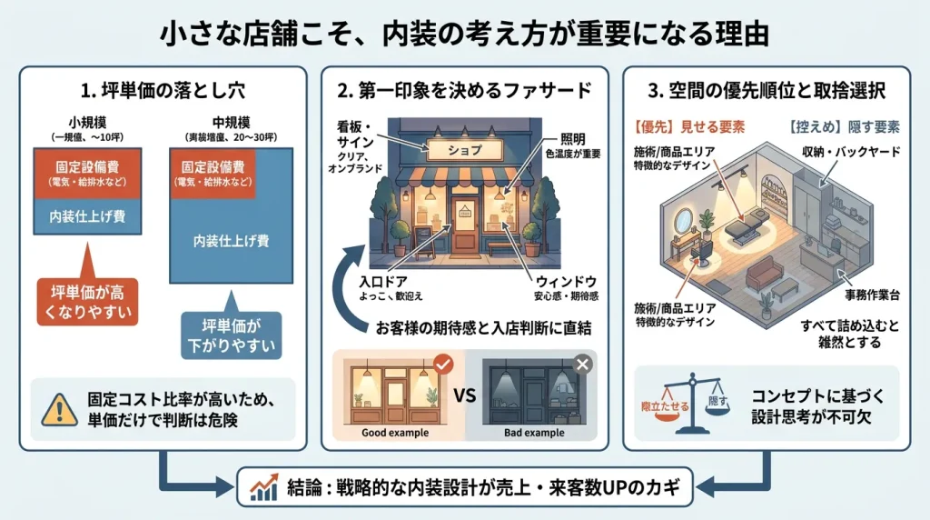小規模店舗における内装設計の重要性を説く図解。坪単価の落とし穴（固定コスト比率）、第一印象を決めるファサードの要素、空間の優先順位と取捨選択の重要性を解説。