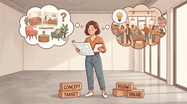 空の店舗物件で困惑する女性オーナーのイラスト。左の吹き出しには「Instagrammable」とおしゃれな家具への迷い、右にはにぎわう集客成功の理想が描かれている。彼女の足元には、戦略的空間設計の基礎となる「CONCEPT」「TARGET」「FLOW」「VALUE」のブロックが置かれている。